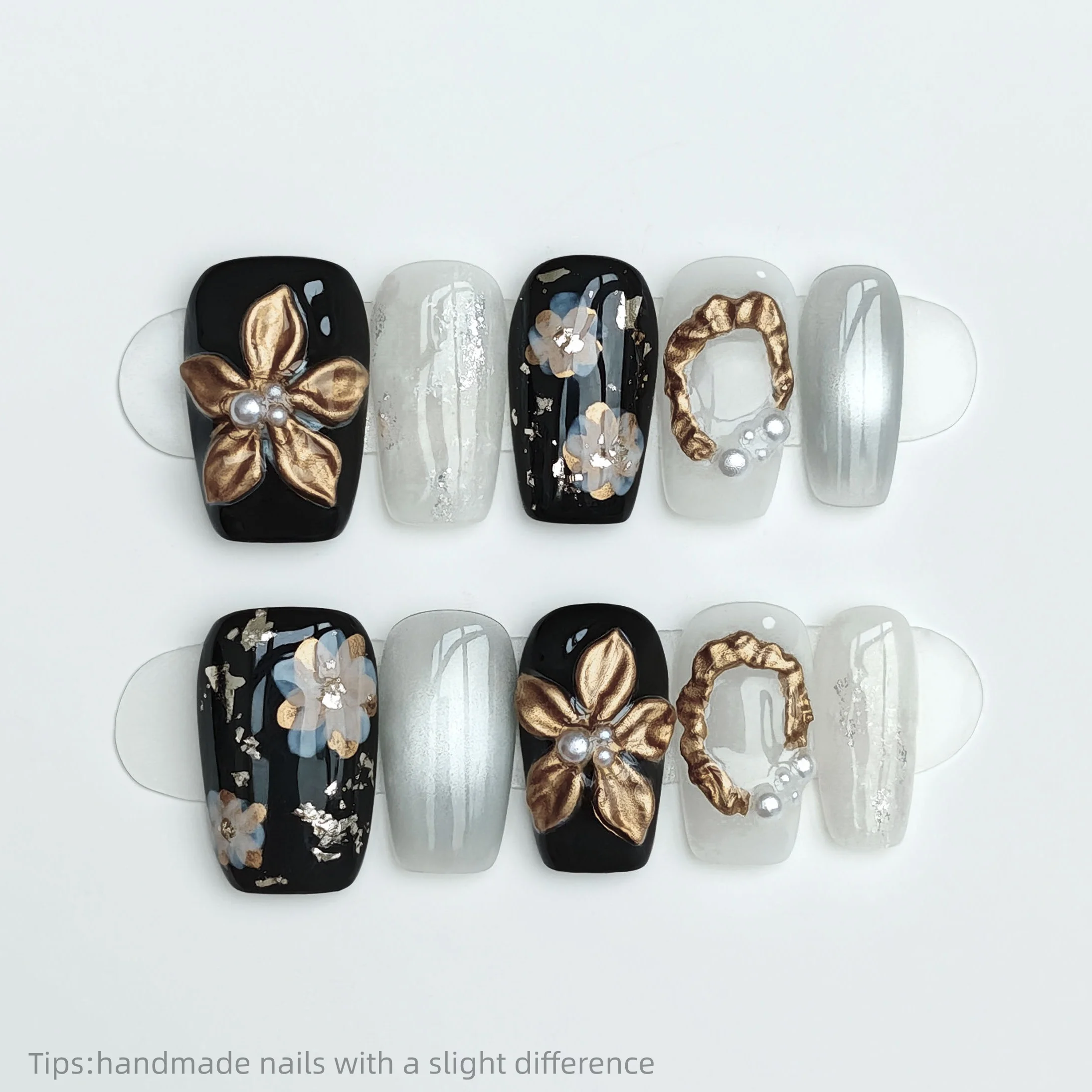 

10pcs Handmade Black White Gold Flower Pattern Press on Nails Square Wearable Reusable Elegant False Nails 2026