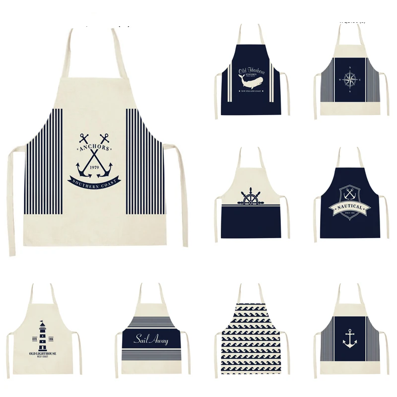 Women Men Sailing Letters Sailboat Pattern Cleaning Apron Cooking Kitchen Apron Adult Kids Baking Accessories Household Pinafore