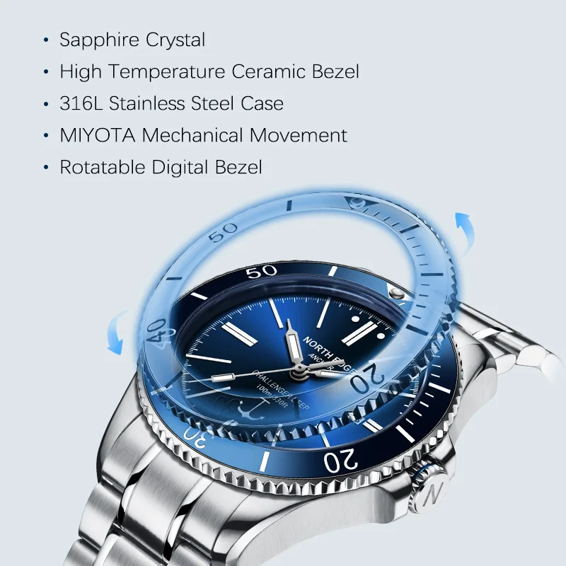 NORTH EDGE ANCHOR 42MM Men Mechanical Wristwatch Luxury Sapphire Glass MIYOTA 8215 Automatic Watches 10bar Waterproof Watch