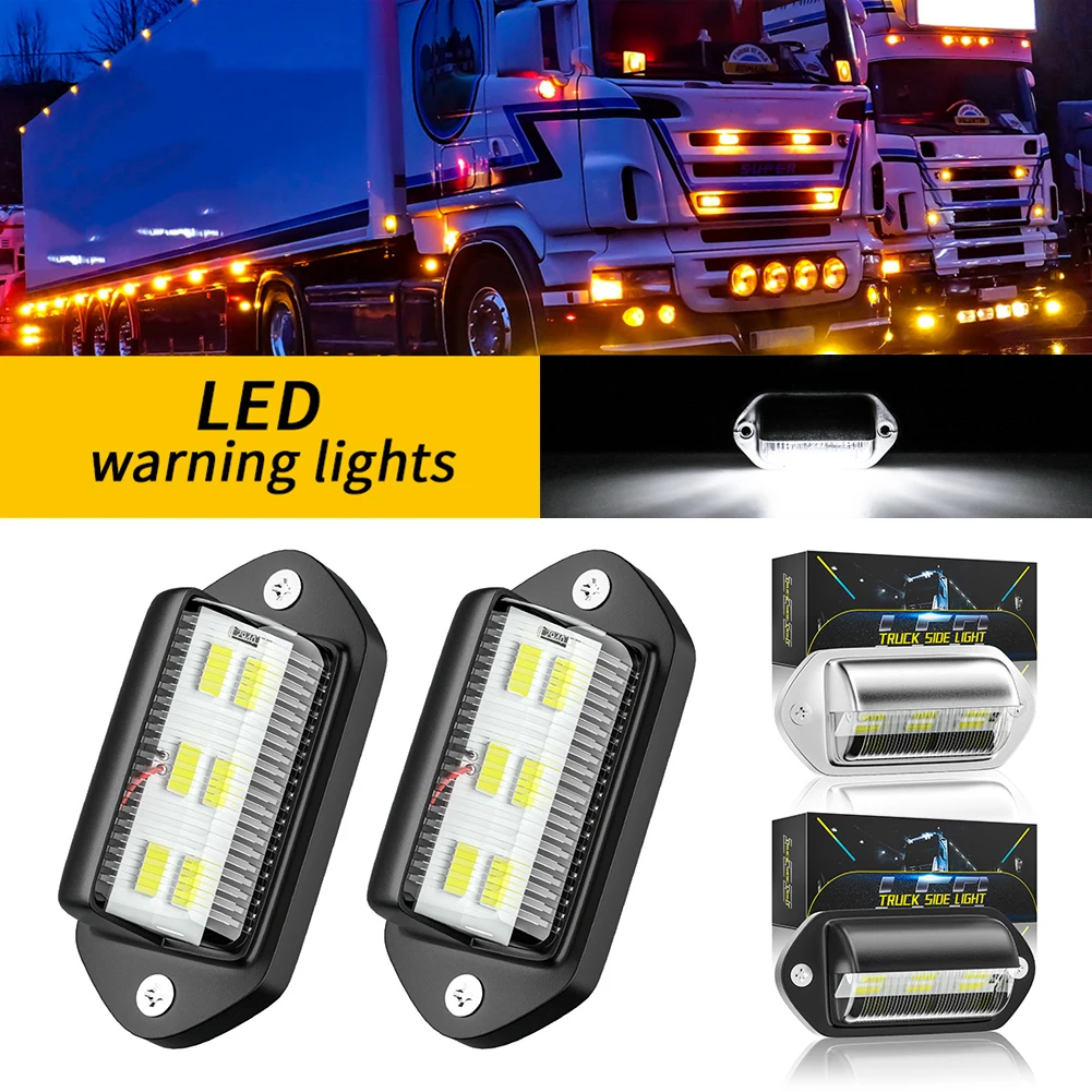 2pcs 6LED Car License Plate Lights 12-24V LED Side Marker 6500K White Warning Signal Waterproof for SUVs Trucks Trailers Buses