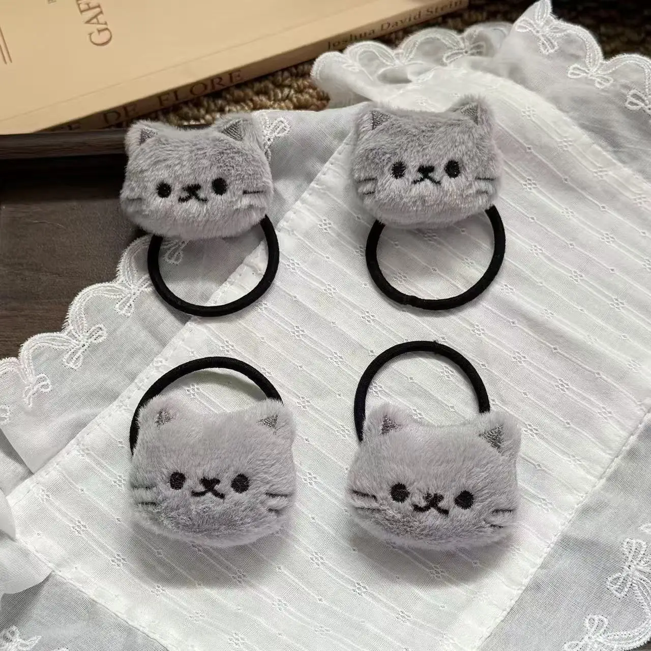 Cute Cartoon Gray Kitten Hair Tie Super Fairy Girl Twin Tail Hair Band Lolita Elastic Band Tying Hair Adorable Style Hair Tie