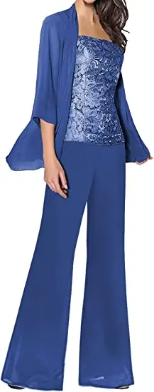 Cloverbridal 2023 Grijze Bruiloft Outfit 3 Stuks Bruiloft Bruidegom Chiffon + Kant Vrouwen Broek Pakken Blauwgroen Bruiloft Gast Bruidegom Jurken Wm9988