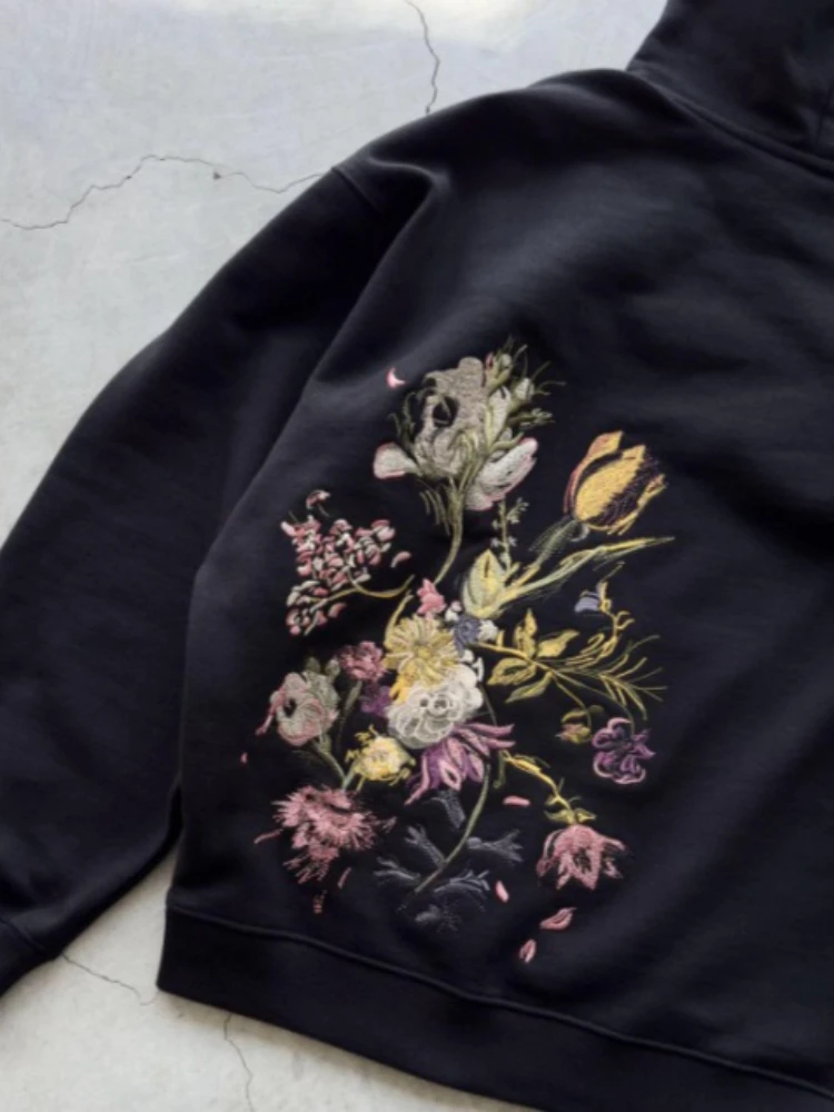 ديبتاون رمادي عتيق زهر البرقوق التطريز المرأة رجل هوديس Harajuku أسود الركض بنطال ذو قصة أرجل واسعة المتضخم الهيب هوب الشارع