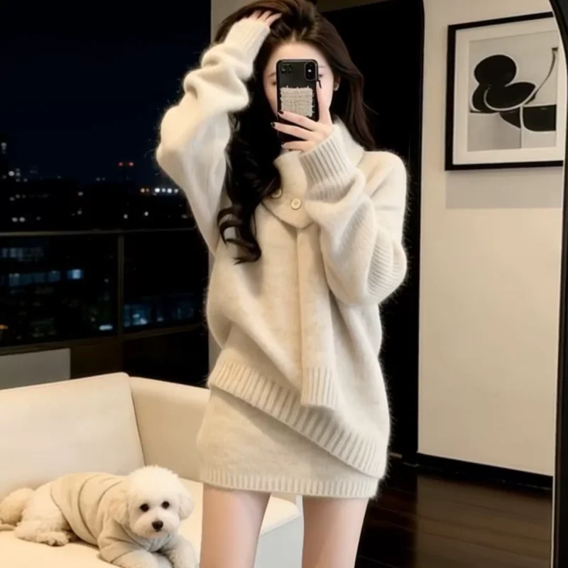 Autumn and winter thickened high-necked knitted two-piece set women's 100% pure wool loose top high-waisted short skirt set