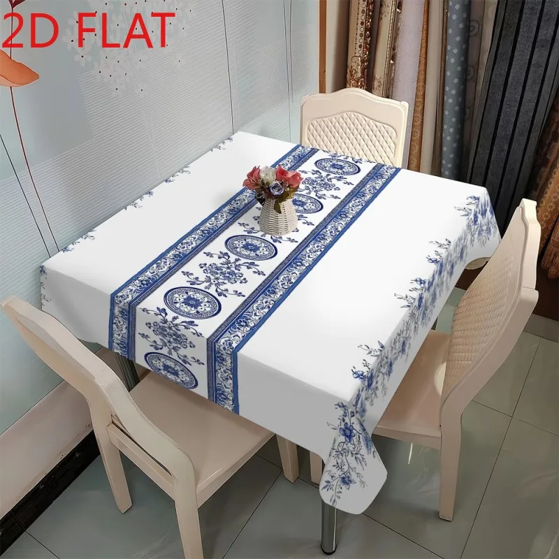 An Elegant Blue And White Patterned Tablecloth Featuring a Symmetrical Design, Inspired by Traditional Chinese Blue And White Po