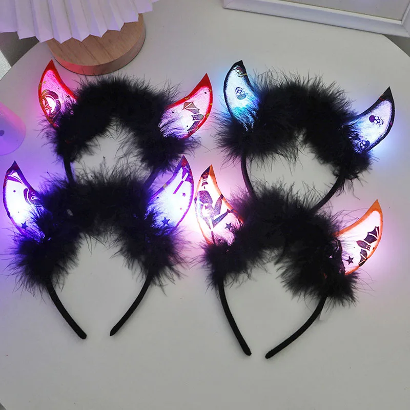 10pcs Glow Lights  Plush Feather Cute Bull Horns Headband Devil Costume Ears for  Party Cosplay Costume Wedding Festival