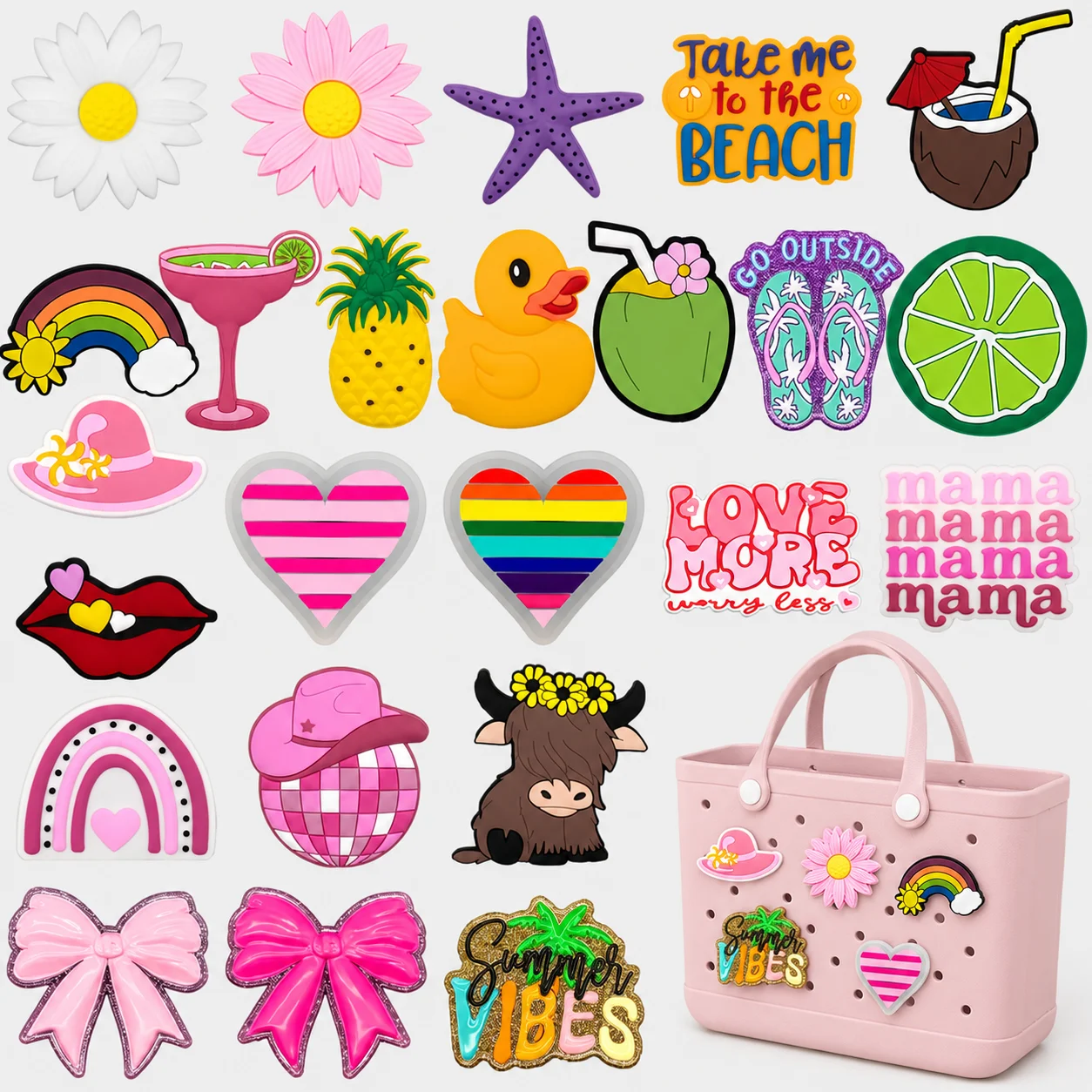 1/5PCS Classic Trendy Casual Bag Charms for Girls,Heart Bow Flower Charms for Handbags,Fruit and Duck Tote Bag Accessories