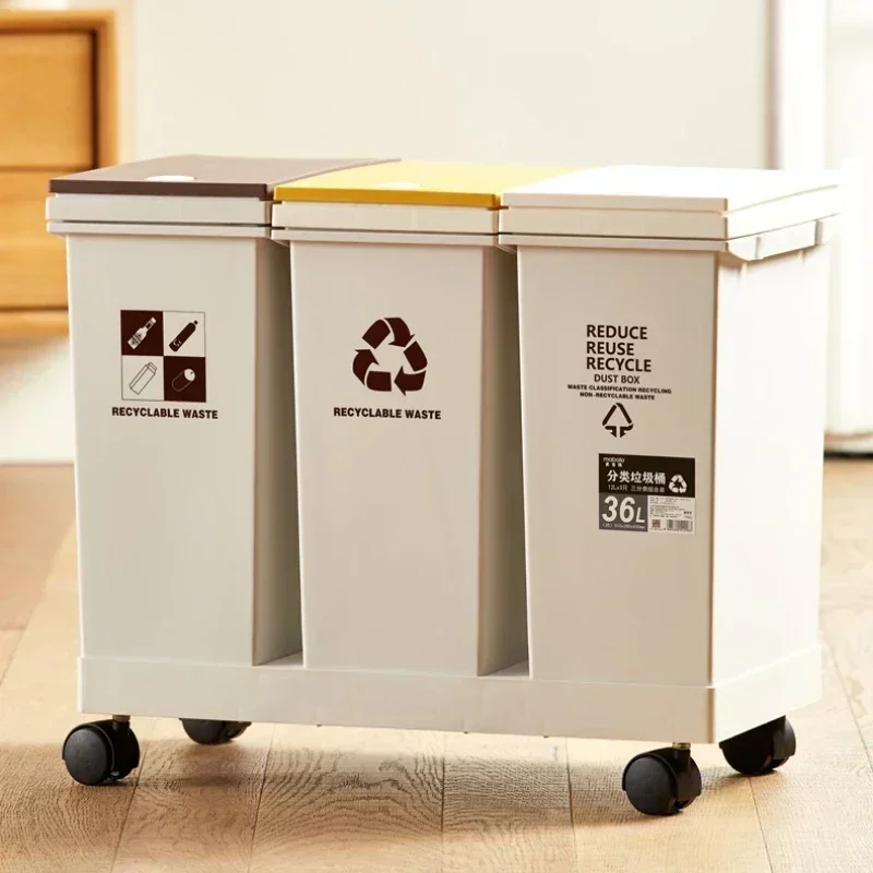 2060L Large Kitchen Recycling Bin with Wheels, Push Type Dry Wet Separation Sorting Trash Can for Household Waste Storage
