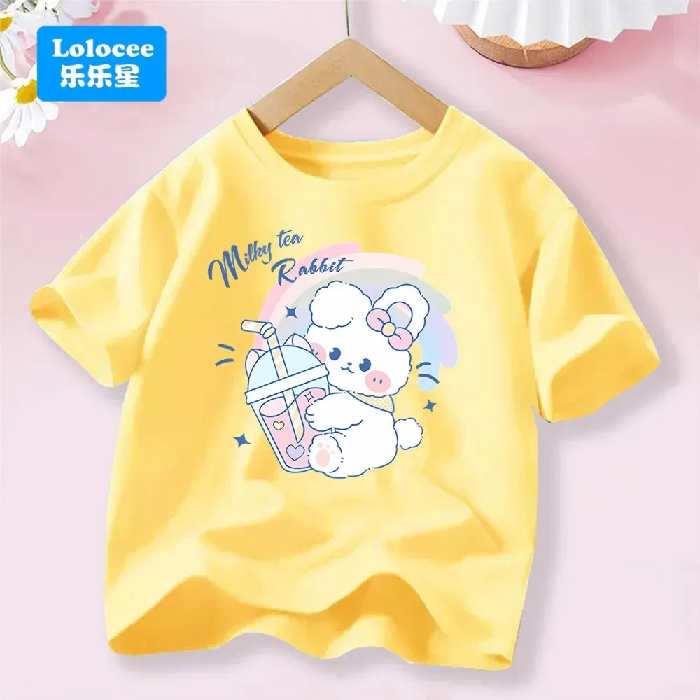 Mädchen-T-Shirt mit niedlichem Regenbogen-Stehhasen-Print, kurzärmeliges Blumen-T-Shirt, Kinder-Kurzarm-Baumwoll-Oberteil 3-14 Jahre