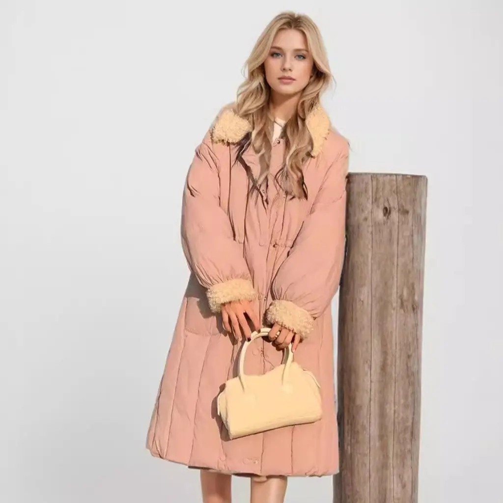 

Women's Long down Cotton-Padded Jacket New Over-the-Knee Waist Coat with Lamb Wool Stitching Winter Outerwear