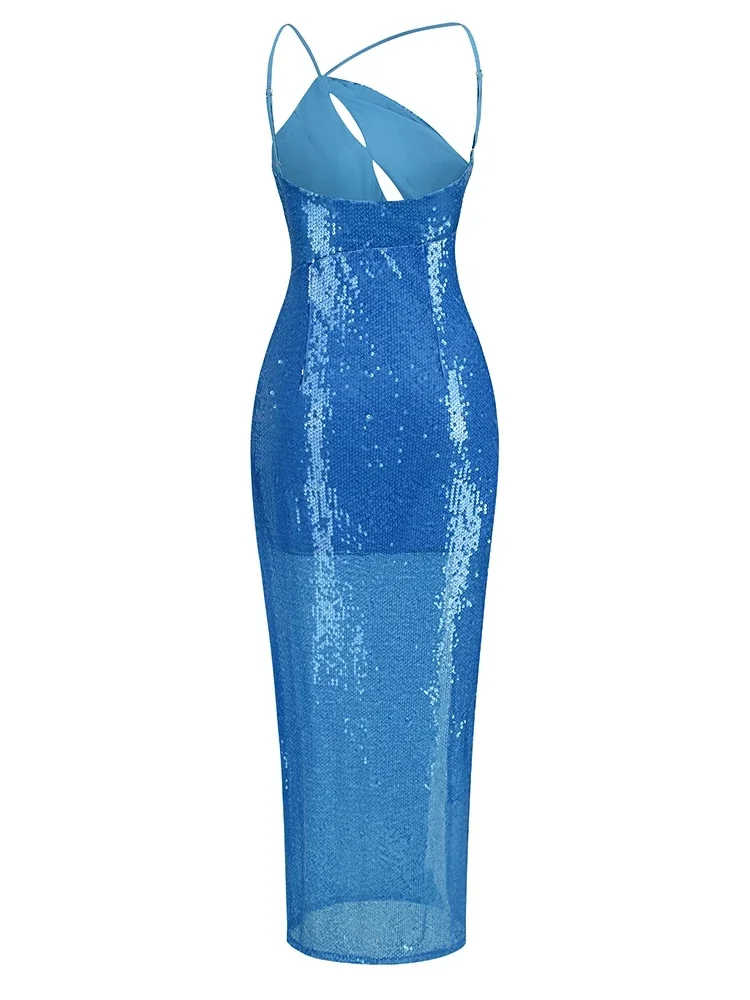 Vestido largo sin mangas con abertura de lentejuelas para mujer, vestido Sexy con un hombro al descubierto, cuello Diagonal, azul, fiesta de noche, nuevo