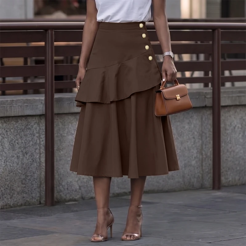 VONDA Women's Elegant Skirts Vintage Solid Color Overskirt Casual Loose Ladies A-Line Skirts Office Work Mid-Length Bottoms