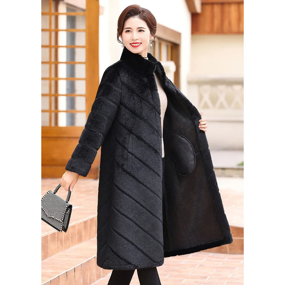 High-quality Winter Mink Fur Coat Moble Women Thick Warm Long Imitation Mink Velvet Fur Outwear Middle-aged Mother Woolen Jacket
