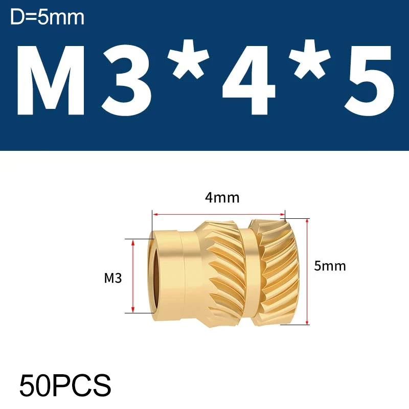 50PCS M3 Brass Hot Melt Copper Nut Insert Knurled Thread Heat Molding Double Twill Injection Embedment for 3D Printer
