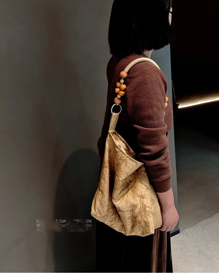 Chinese Style Women Bag Wood Beading Vintage High-Capacity Shoulder Bag Zipper Purses and Handbags Luxury