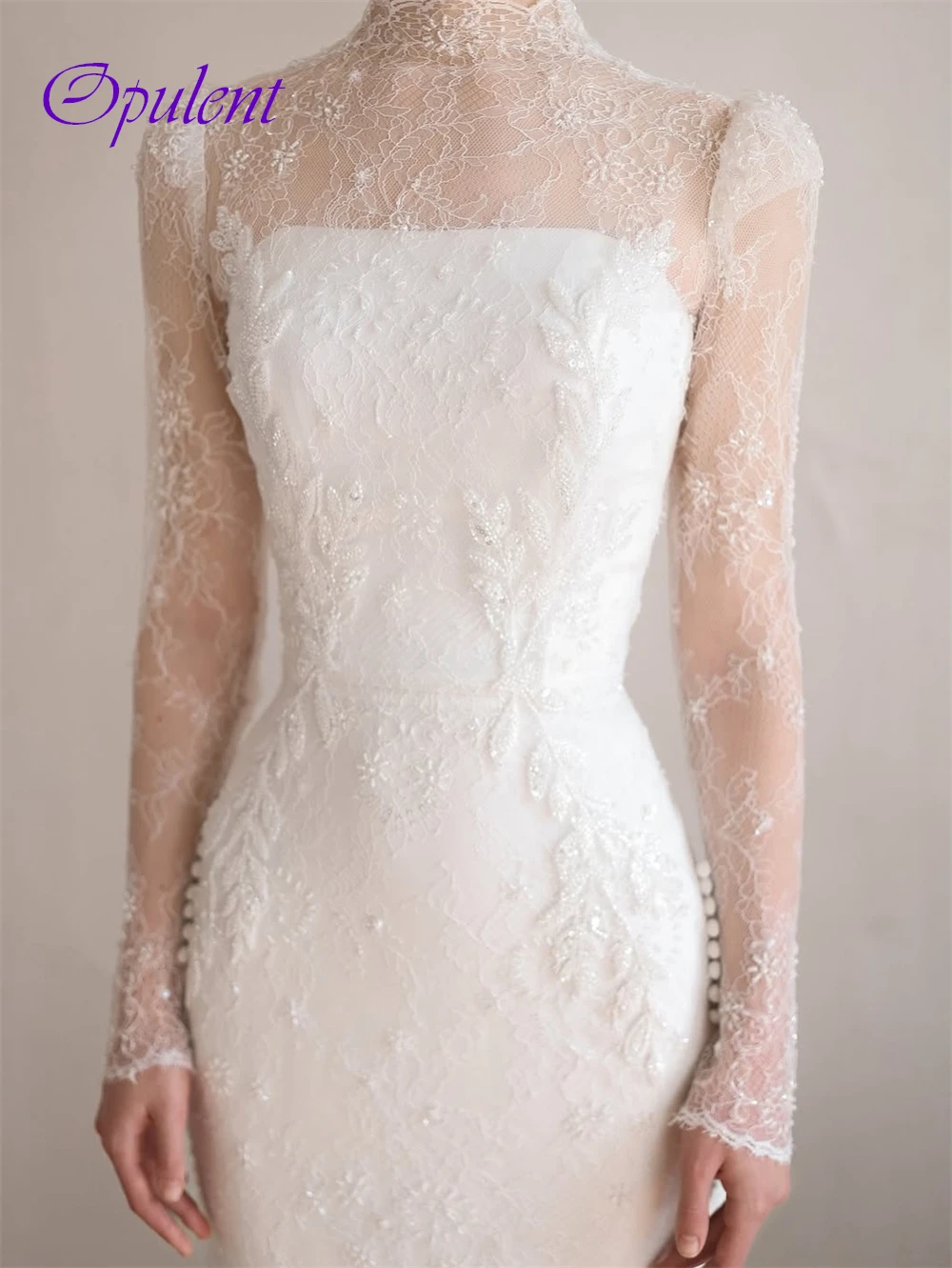 تخصيص أنيقة الدانتيل الأبيض زي العرائس الرسمي س الرقبة طويلة الأكمام فستان الزفاف الكلاسيكية حورية البحر ذيل محكمة رداء دي mariée