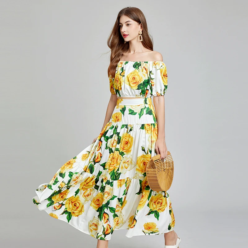 

Summer New in Matching Sets 2 Pieces 2024 Runway Elegant Women's Floral Print Crop Top and Long Skirt Suit Beach Vacation Outfit