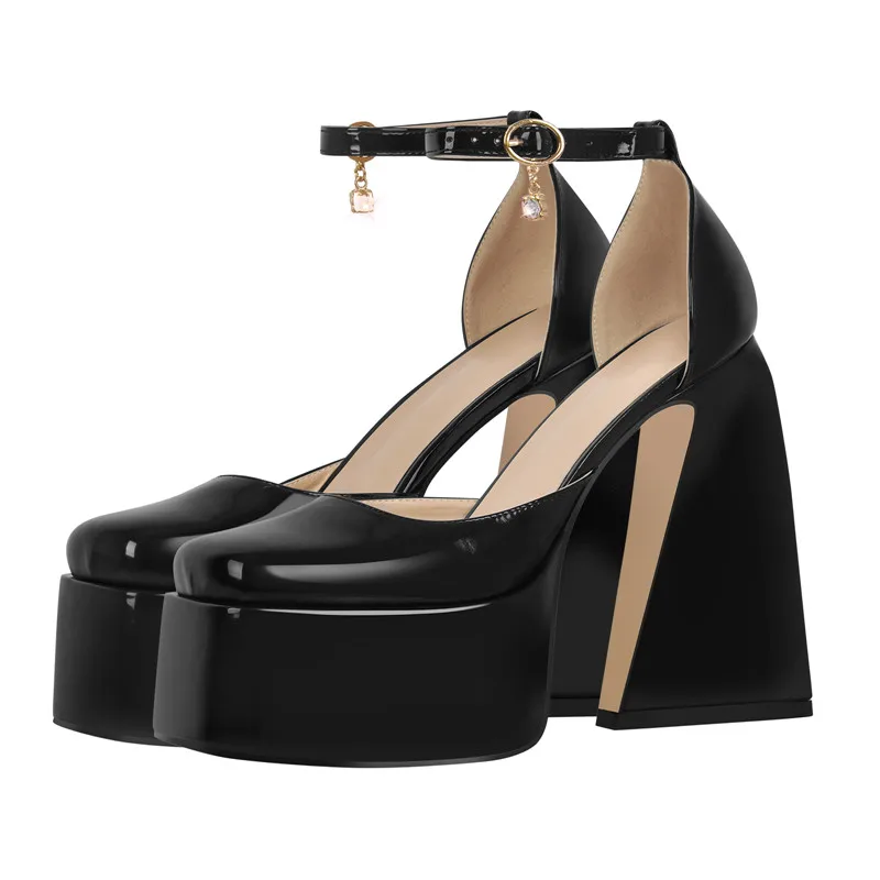 Onlymaker Women Ankle Strap Chunky Platform Mary Jane Pumps Triangle Heel Sandals Big Size Black Fashion Party Dress Heels