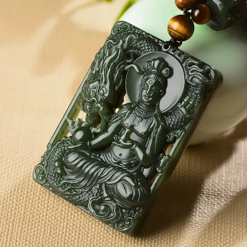 

Natural Hetian Qing Jade Guanyin Bodhisattva Riding Necklace Pendant Double-Sided