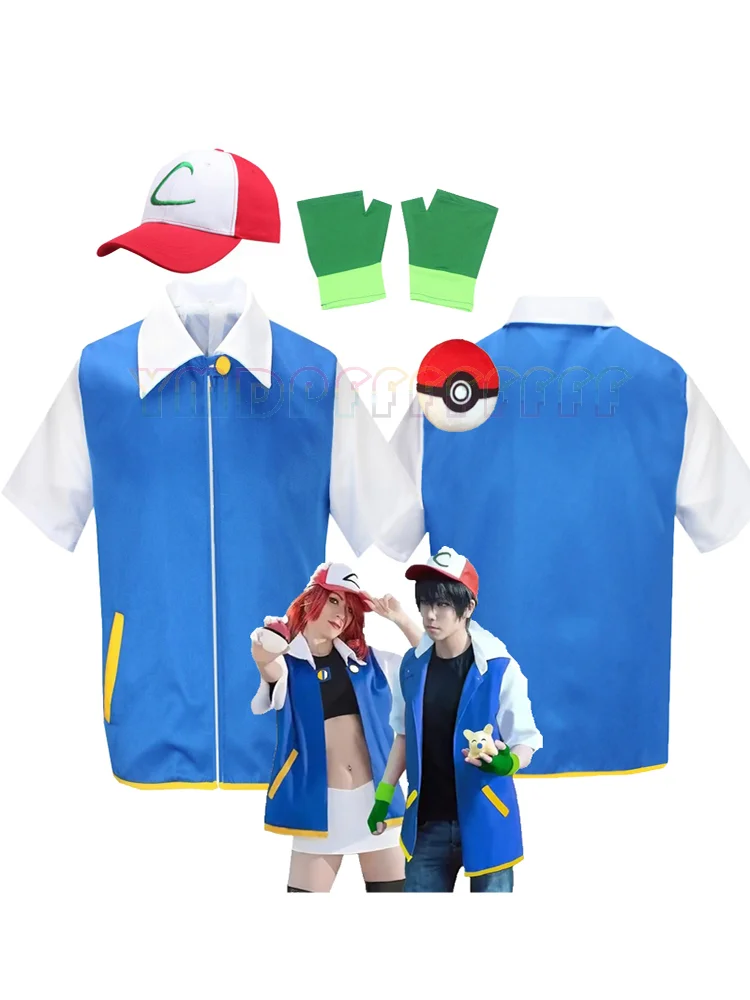 Neuartiges Anime-Trainer-Rollenspiel-Kostüm Ash Ketchum Ostern Halloween Disfraz Karnevalsparty Blaue Jacke Hut und Handschuh Set Bühnenkostüm