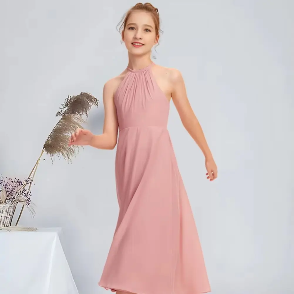 

WWA A-line Halter Knee-Length Chiffon Junior Bridesmaid Dress Blush Flower Girl Dress for Wedding Teen Dresses Special Occasions