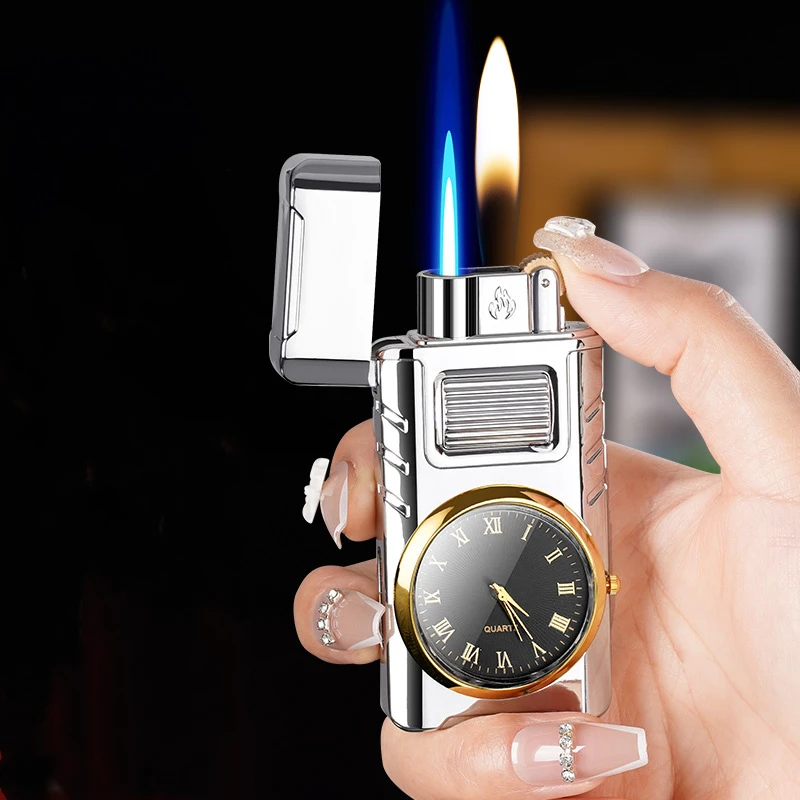 

Metal Watch Double Fire Conversion Lighter Grinding Wheel Inflatable Cigar Butane Lighter Smoking Accessories Men's Gift