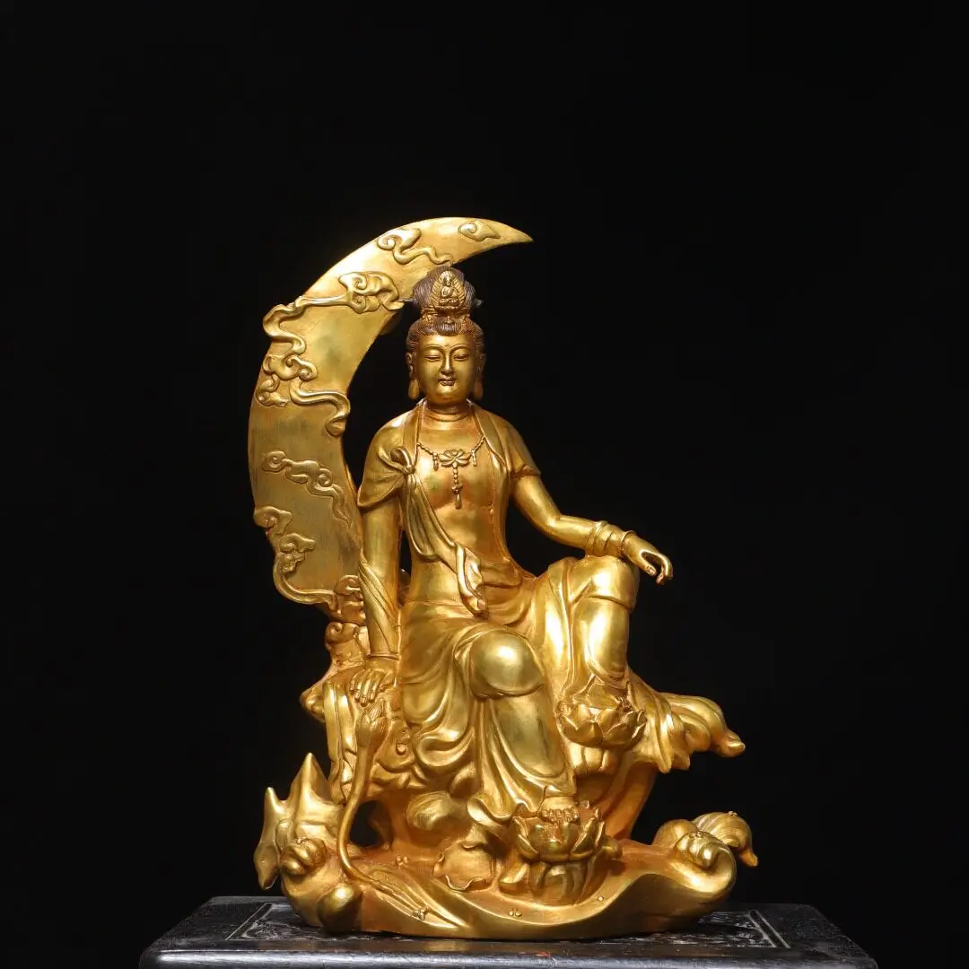 Handmade Antique Pure Copper Gold Plated Moon Water Avalokitesvara Statue Creative Home Altar Ornament Gift