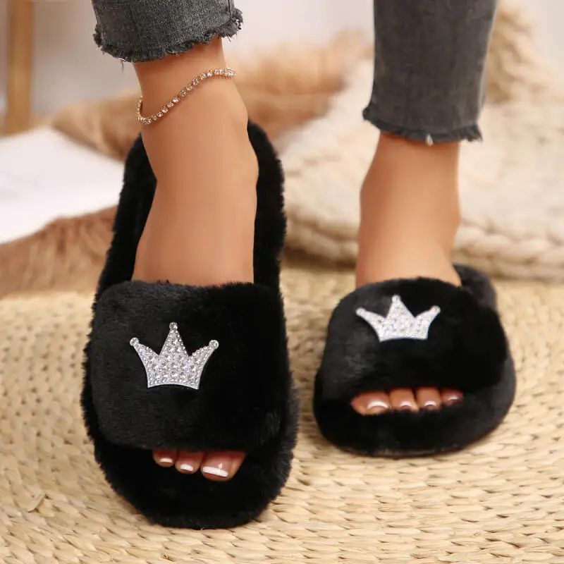 Modische Glitzer-Kronen Kunstfell-Hausschuhe für Damen Winter 2026 Schwarze Flauschige Fell-Hausschuhe Bequeme Damen-Pelzschuhe