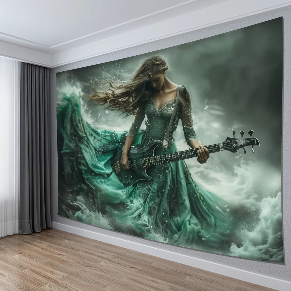 Captivating Woman Playing Guitar Tapestry Wall Hanging Boho Bedroom Decor Art Fantasy Concert Style Green Teal Fabric Print Livi