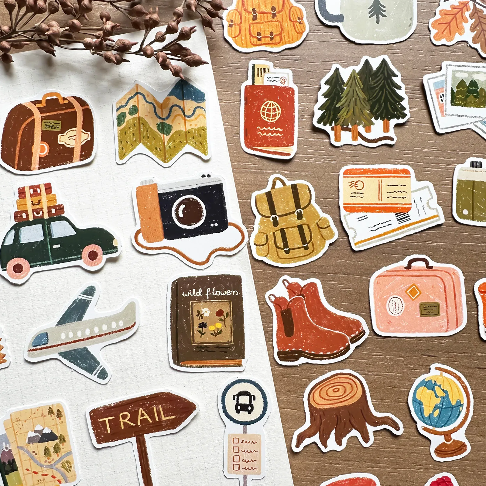 

Hand Drawn Travel Hiking Small Forest Cartoon Stickers Decorative for Journal Notebook Phone Case Guka Scrapbook Diary