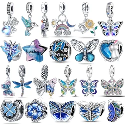 925 Sterling Silver Blue Series Dragonfly Butterfly Bird Pansy Flower Pendant Charm Fit 4MM hole diameter Bracelet Jewelry Gift