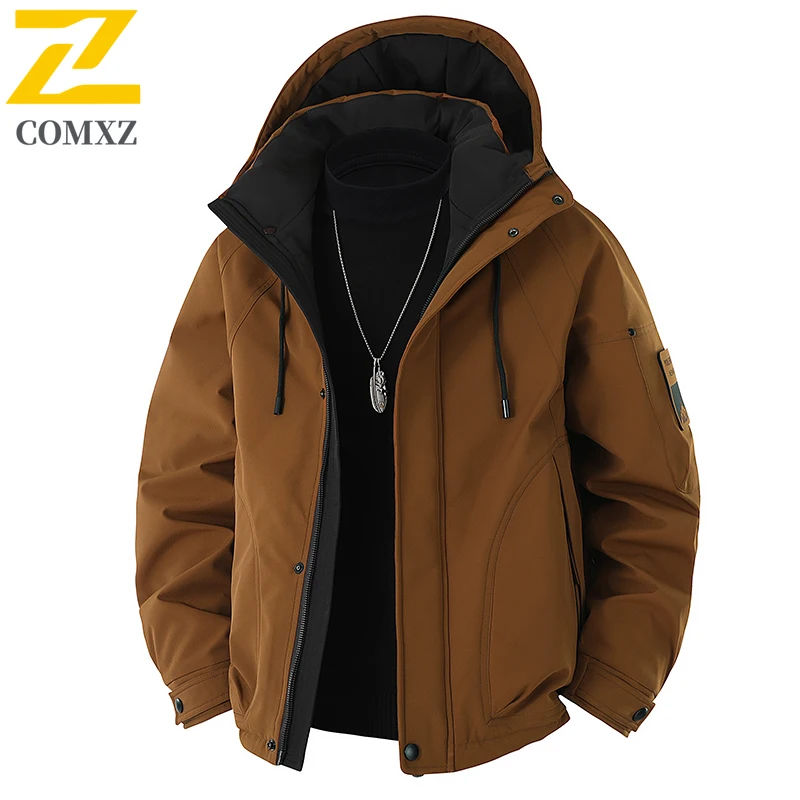 เสื้อแจ็คเก็ตดาวน์ผู้ชาย 2025 สไตล์ใหม่ ขนเป็ดขาว 90% ผ้าฝ้ายหนา กันหนาว อุ่น มีฮู้ด เสื้อโค้ทลำลองสำหรับฤดูหนาว เสื้อแจ็คเก็ตดาวน์