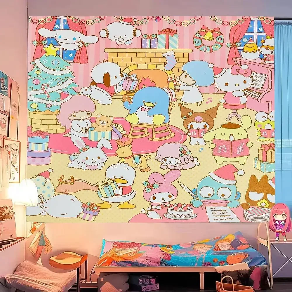 سانريو كارتون لطيف H-Hello Kitty K-Kuromi C-Cinnamoroll نسيج الديكور غرفة نوم عنبر خلفية القماش عطلة المنزل