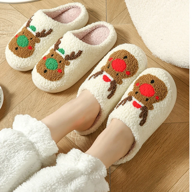 Autumn Winter Women's Christmas Slippers Men Soft Home Bedroom Flat Sandals Female Cute Plush Slides Couple Non-Slip Warm Shoes