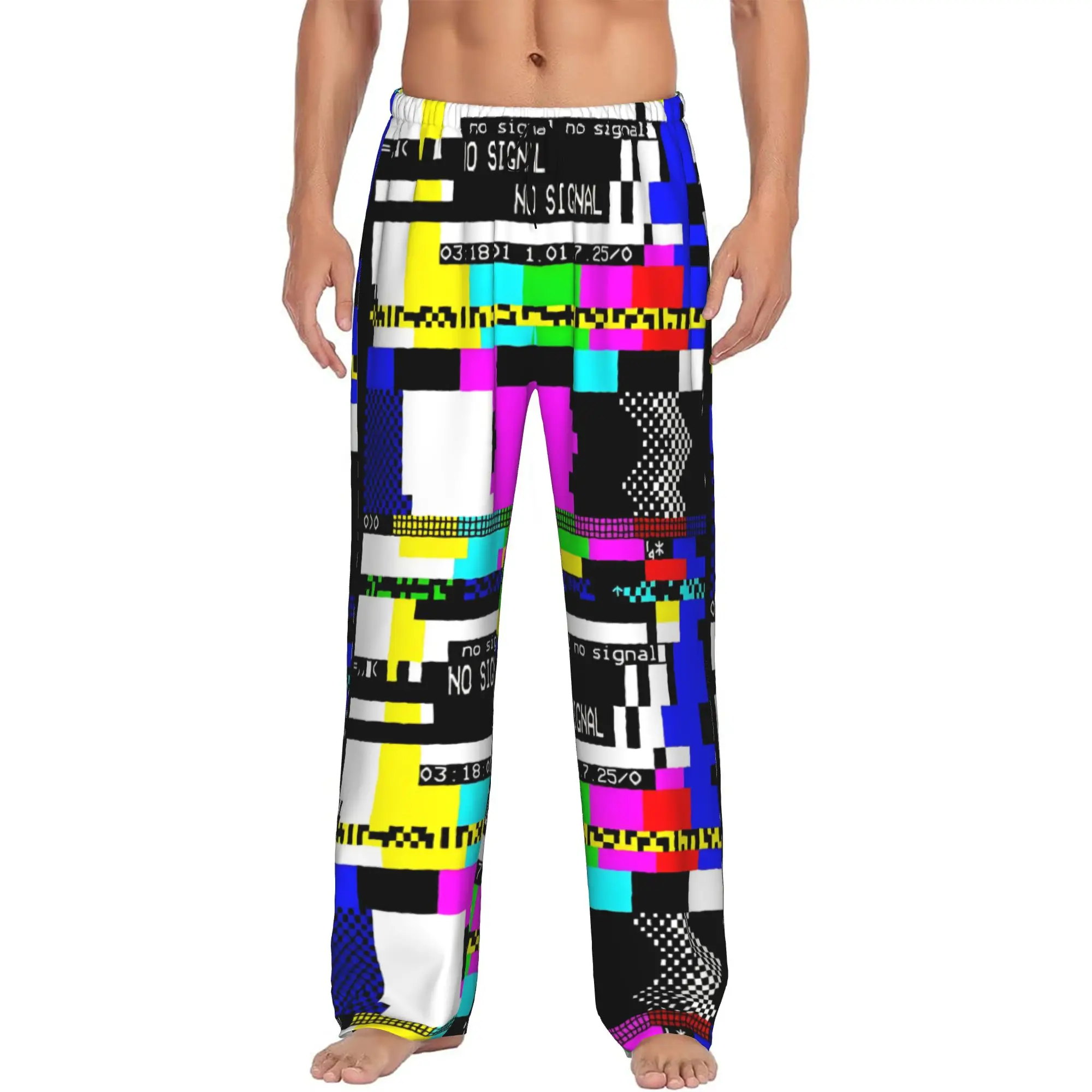 Custom Sided No Signal TV Retro Style Pajama Pants Sleepwear Men's Elastic Waistband  Sleep Lounge Bottoms with Pockets