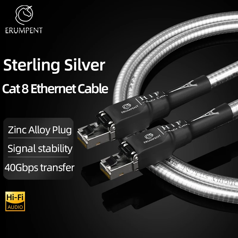 

ERUMPENT High-Speed 40Gbps Sterling Silver Cat8 Ethernet Patch Cable Rj45 Gold-Plated PIN Plug High Quality Hifi Network Cable