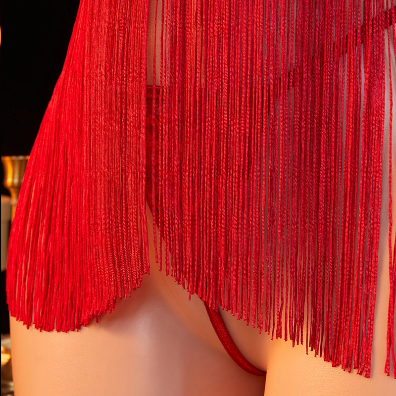 Transparent Lace Women Red Strap Tassel Skirt Nightgown Thong Set Underwear Deep V Bow Bra Sexy Lingerie view 5