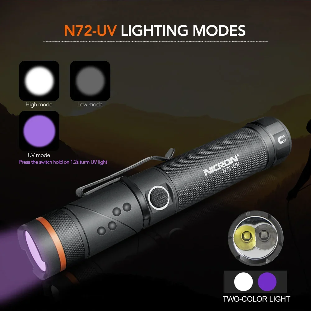 NICRON White / UV Light LED Flashlight N72 / N72-UV 90 Degree Twist Waterproof 800LM 18650 / AAA Battery Magnet LED Torch Light