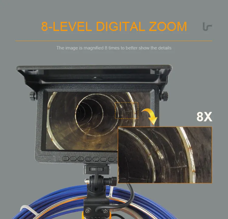 กล้องตรวจสอบท่อแบบแท่งดัน 8 ระดับความสว่าง LED - บันทึกภาพ DVR ในตัว, จอ LCD 7 นิ้ว, กันน้ำระดับ IP68, ตัวนับระยะทาง, มาตรฐาน CE RoHS