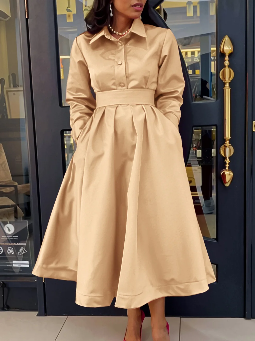 

Women's 2024 autumn new big swing solid color lapel long sleeve A-line skirt dress