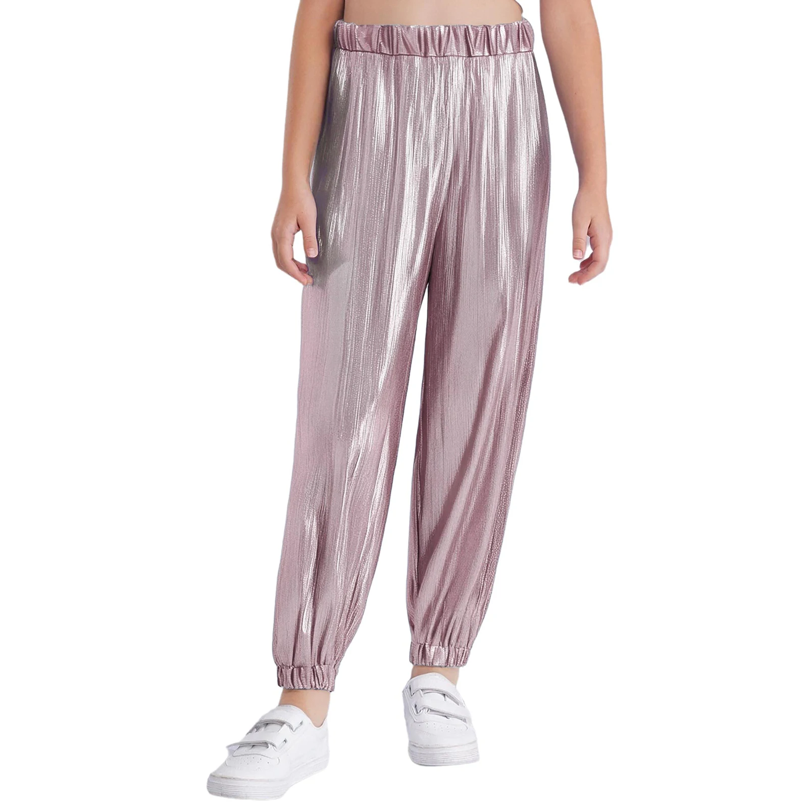 

Kids Girls Metallic Shiny Ribbed Cargo Pants for 70s 80s Disco Jazz Dance Performance Costume Elastic Waistband Pants Trousers