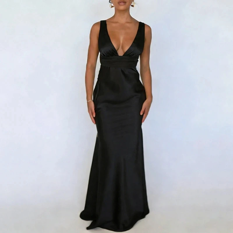 

Luxury Satin V-neck Sleeveless Halter Evening Dress Temperament High Waist Spliced Banquet Dress Lady Simple Backless Long Dress