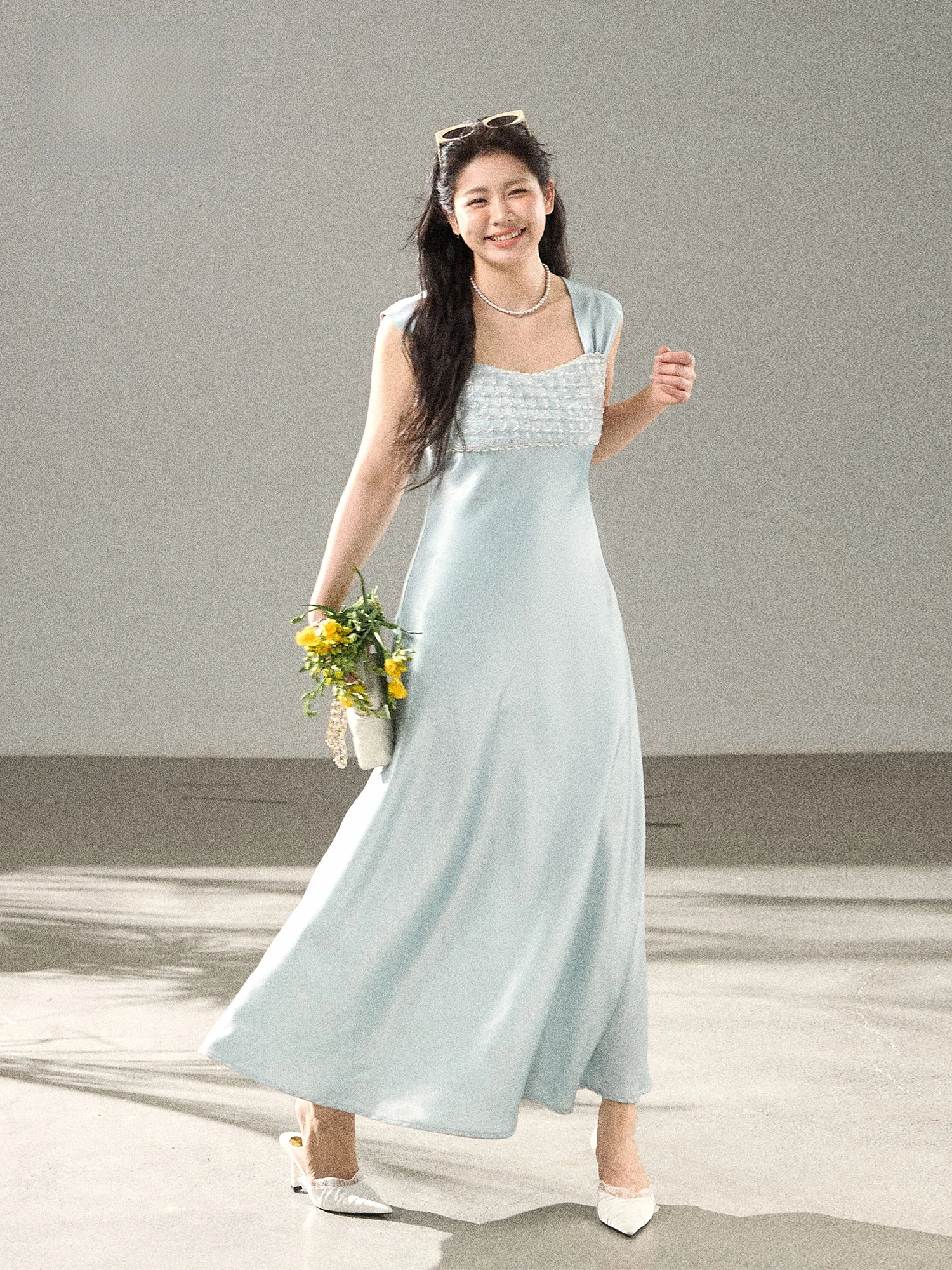 

Blue Long Slimming Women's Summer Dress Large Size Belted A-Line Korean Style Commute Wind High Waist Short Sleeve Dress