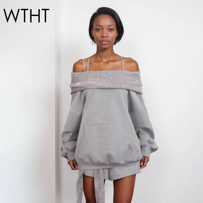 

WTHT New Trendy Women's Patchwork Knit Shawl Design Sweatshirt Bandage Elastic Waist Short Pants Set Female 2025 Autumn 1LS2563