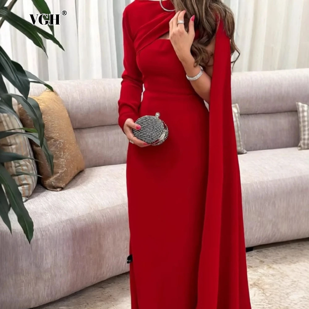 

VGH Red Sexy Temperament Bodycon Dress for Women Diagonal Collar Off One Shoulder Patchwork Shawl High Waist Long Dresses Female