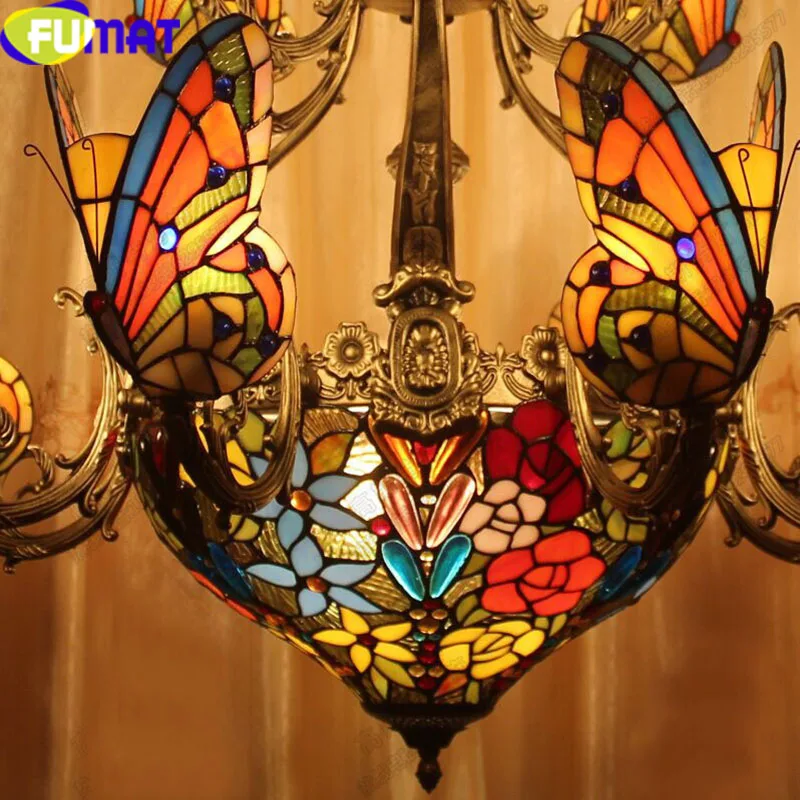 FUMAT Stained Glass Chandeliers Art Glass Butterfly HangLamp Living Room Suspension Lights European Hanging Lamp LED Chandelier