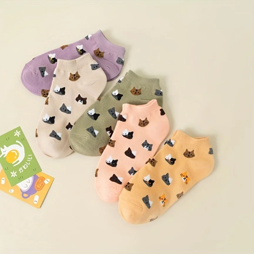 5 Paar bunt gemischte, bonbonfarbene Katzen-Bootssocken für Damen, japanische süße Cartoon-Katzenkopf-Socken, Damensocken aus reiner Baumwolle für Frühling und Sommer