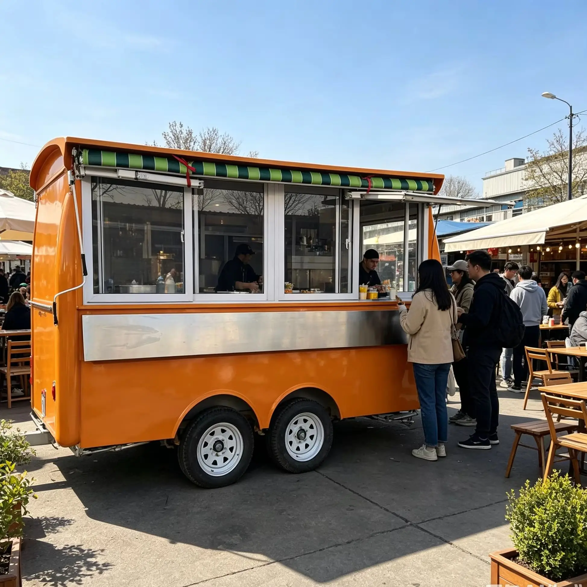 Custom Orange Double Axle Mobile Food Vending Trailer With Awning for Outdoor Street Food Business