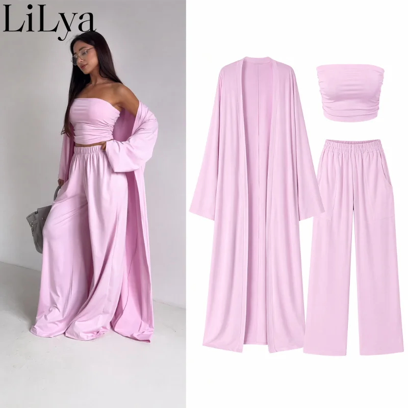 

Summer Women Clothing Casual 3Pcs Strapless Vest Long Cardigan Wide-Leg Pants Suit Lady Elegant Office Wear Outfits Lady Set
