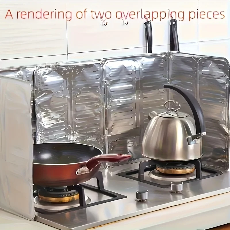 2Pcs Foldable Aluminum Foil Kitchen Splatter Guard Stove Oil Splash Shield Reusable Gas Cooktop Baffle Anti-splash Cooking Prote